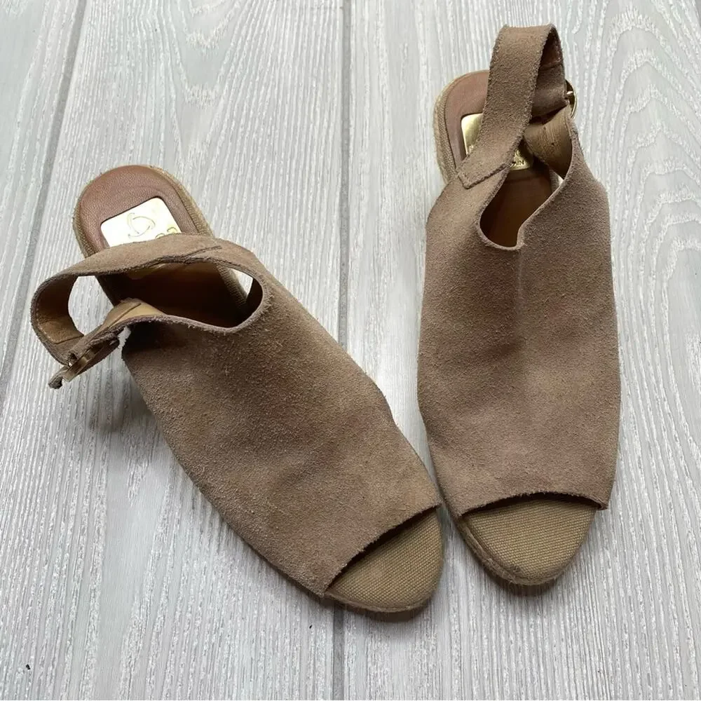 Kanna Tan Suede Leather Peep Toe Espadrille Wedges Size 7.5 EU 38